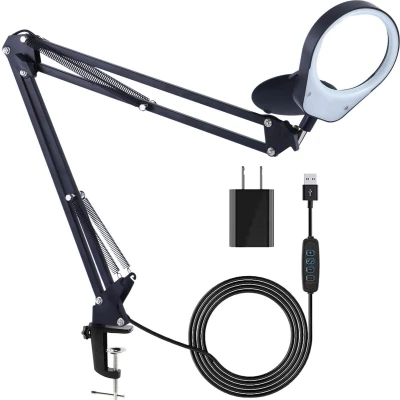 Afbeelding van Earkings Loeplamp Vergrootglas met Verlichting LED inclusief Tafelklem en 3 Lichtkleuren Loep Vergroot 3x tot 10x is 360 Graden draaibaar