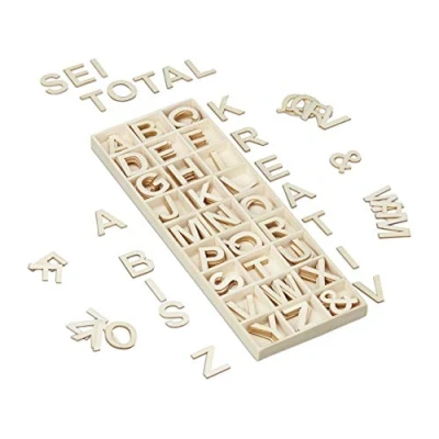 Afbeelding van Relaxdays Set van 162 hoofdletters A tot Z en houten borden, 3 cm, om te knutselen, decoratie, naturel