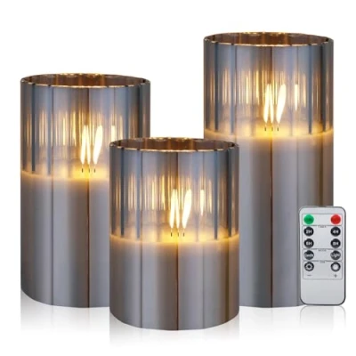 Afbeelding van CCLIFE Led kaarsen van echte was met afstandsbediening, timerfunctie, paraffine, vlamloos, werkt op batterijen, grijs glas, 3 stuks