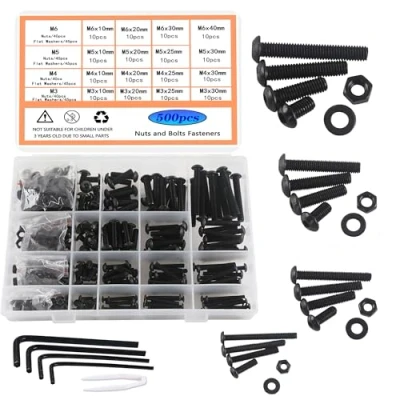 Afbeelding van HVDHYY 500 stuks schroeven en moeren M3 M4 M5 M6 zwarte koolstofstalen machineschroeven sluitringen assortiment ronde kopschroeven met opbergdoos