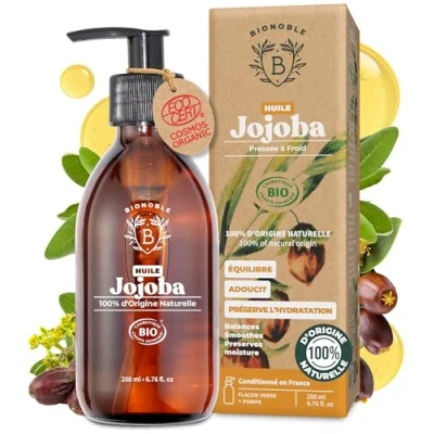 Image de Bionoble Huile de Jojoba Bio 200ml + Pompe Bouteille en Verre Pure, Naturelle, Pressée à Froid Visage, Corps, Cheveux, Barbe, Ongles Vegan Oil