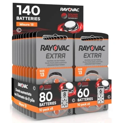 Afbeelding van 140 Rayovac Extra 13 gehoorbatterijen, 10 blisters met elk 8 en 6 batterijen