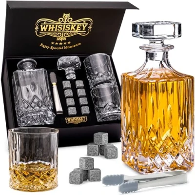 Afbeelding van Whisiskey Whiskey Karaf Klassiek Glazen Luxe Set 0,7 L Decanteer Whisky Incl. 2 Tumbler Glazen, 8 Granieten Stones Peaky Blinders