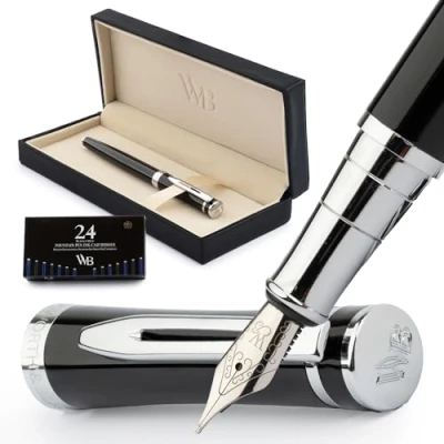 Afbeelding van Wordsworth &amp; Black Vulpennen set, Medium penpunt, inclusief 6 inktpatronen en inktvulomvormer, Geschenkdoos, Kalligrafie, soepele schrijfpennen [Zwart Chroom], Perfect voor Mannen Vrouwen