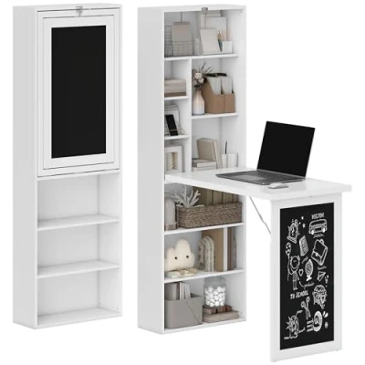 Afbeelding van HOMCOM Opvouwbaar wandbureau, inklapbaar, opknoping op standaard, met boekenkast, geïntegreerd krijtbord, spaanplaat, wit, werk, hedendaags, 98 x 51 153 cm