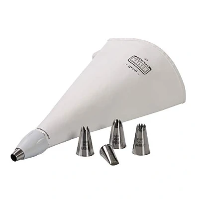 Afbeelding van Original Kaiser La Forme Plus Set van 7 herbruikbare spuitzakken met dopsleutels en adapter, 5 kookbestendige spuitmonden, snijhulplijn, wit/zilver