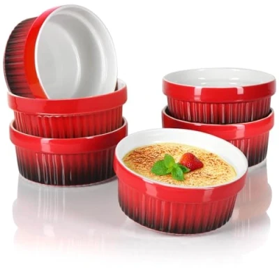 Afbeelding van COM FOUR® 6 x stoofpot ovenvaste vormen in rood crème brûlée schaal dessertkom elk 250 ml vaatwasmachinebestendig