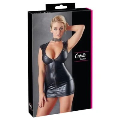 Afbeelding van Cottelli Collection Wetlook Mini Jurk met Lage Halslijn en Tweeweg Rits die Wacht om Geopend te Worden Maat M Zwart