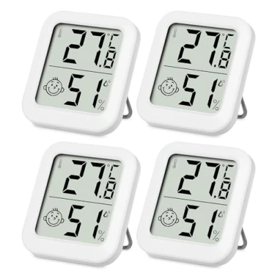 Afbeelding van SOBEAU Set van 4 mini hygrometer voor binnen, digitale met smiley indicator babykamer, woonkamer, kantoor, kas (wit)