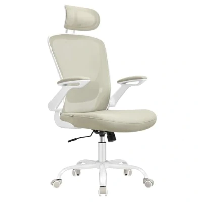 Afbeelding van SONGMICS Ergonomische bureaustoel van canvas, fauteuil, gevoerde lendensteun, kantelmechanisme, 53 cm brede zitting, inklapbare armleuningen, hoofdsteun, cappuccino beige OBN047K01