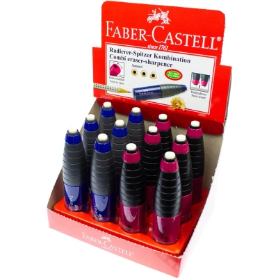 Afbeelding van Faber Castell puntenslijper+gum rood/blauw display 12 stuks FC 184401