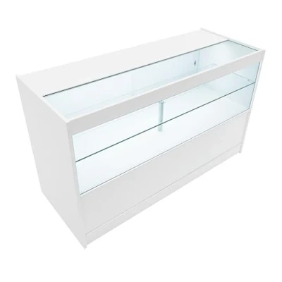 Afbeelding van Comptoir de Vente en MDF Blanc LED Blancs Intégrés C1500 3 Étagères Portes Coulissantes Verouillables Rangement Commerciale Vitrine Verre Acceuil Réception Bureau Vêtements Bijoux [2 Clés INCLUS]