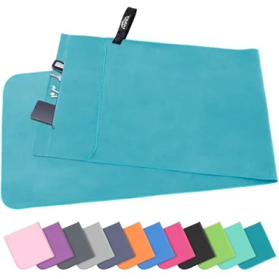 Afbeelding van Pameil Fitnesshanddoek met ritsvak, 120 x 50 cm, sporthanddoek van microvezel, compact en sneldrogend, sporthanddoek, reishanddoek (pauwblauw)