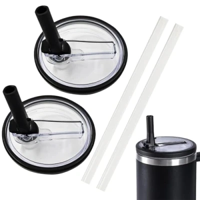 Afbeelding van NEERIX Set van 2 herbruikbare premium reservedeksels met rietje, lekvrij, stofdicht, accessoires voor Stanley mok deksel en rietje (zwart)