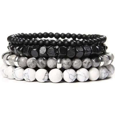Afbeelding van Malinsi Armband Heren en Dames Onyx Lava Stone Natuursteen Set van 4 Zwart Wit Mannen Vrouwen Kralen Armbandje