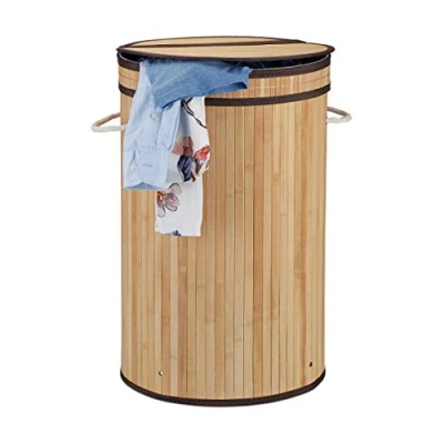 Afbeelding van Relaxdays wasmand bamboe ronde wasbox met deksel 63 x 40 cm 65 liter Naturel