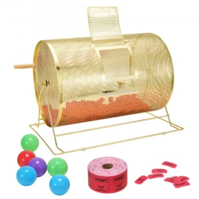 Image de VEVOR Tambour de Tombola Loterie Loto, Capacité 10000 Billets ou 300 Balles Ping pong, Cage Jeu Bingo en Métal, Plaquée Laiton, Poignée Tournante Bois, 376 x Ø 540 mm, pour Vote Événement