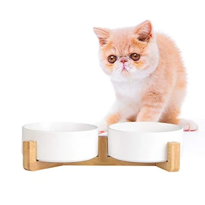 Afbeelding van Hondenbak Kattenbak met houten standaard Keramische voerbak voor water en voer 2 x 480 ml