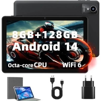 Image de Rebecco Tableet 10 Pollici Android 14 Compress, 2025 10GB RAM + 128GB ROM 1TB Espandere, Octa Core 2.0GHz, 1280 x 800 IPS HD Display, 6000mAh, 5G +2.4G Wi Fi/Bluetooth 5.4