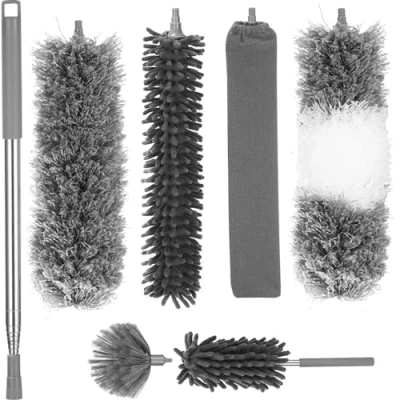 Afbeelding van 7 stuks wasbare microvezel stofschuiver uitschuifbare spinnenverwijderaars 27 256 cm, telescopische stok voor reiniging, stofdoek spinnenweb, tv, ventilatoren