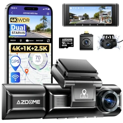 Afbeelding van AZDOME 4K dashcam auto, + 1080P 2,5K drievoudige camera voor achter binnen, WiFi GPS, 3,19 inch met 64G SD kaart, nachtzicht, WDR, G sensor, parkeermodus, loopopname