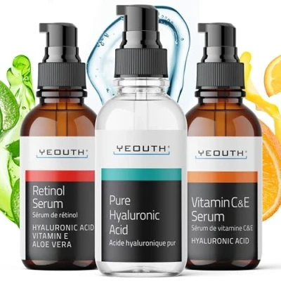 Afbeelding van YEOUTH Retinol gezichtsserum, hyaluronzuur serum, vitamine C serum voor gezicht, anti aging, hydraterend, 3 x 1 fl. oz