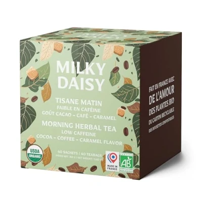 Afbeelding van Milky Daisy Biologische ochtendthee koffievervanger cacaosmaak koffie karamel energiek en laag in cafeïne 40 zakjes