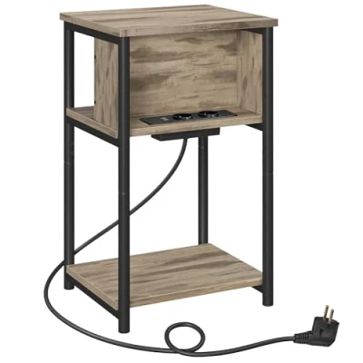 Afbeelding van VASAGLE Bijzettafel, klein nachtkastje met stekkerdoos, dun, 2 AC stopcontacten, USB poorten, 30 x 34 58 cm, voor woonkamer, slaapkamer, camelbruin en zwart LET375K01