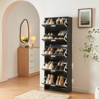 Afbeelding van Schoenenkast Sykkylven 5 kleppen zwart 169x60x24 cm [en.casa]