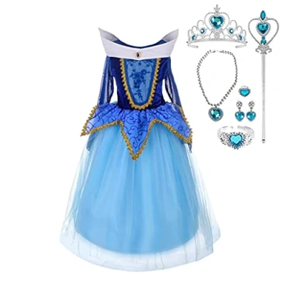 Afbeelding van Lito Angels Kostuum Blauw Doornroosje, prinses, Aurora, met accessoires, kinderen, meisjes, Halloween kostuum, klassiek, party, verjaardag, maat 5 6 jaar