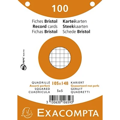 Afbeelding van Exacompta 100 stuks indexkaarten, geruit, 5 x 5, geperforeerd geschikt voor inkjet , laser en kopieerapparaten formaat 148 210 mm verschillende kleuren