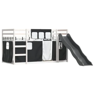 Afbeelding van vidaXL Stapelbed met glijbaan en gordijnen 90x200 cm wit zwart