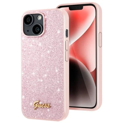 Afbeelding van Guess hoesje geschikt voor iPhone 14 Plus Backcover Glitter Script Roze
