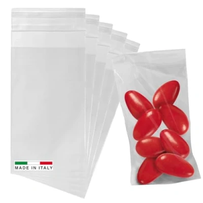 Afbeelding van Lage 100 transparante zakjes van 6 x 10 cm met kleefsluiting, kleine plastic voor levensmiddelen, dragees en ceremonie kleefklep