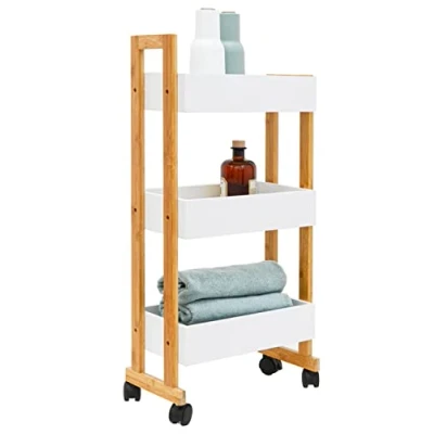 Afbeelding van Ruimtebesparende Trolley van Bamboe 38x20x80 Houten Rek op Wielen Nisplank 20 cm Breed Uittre...