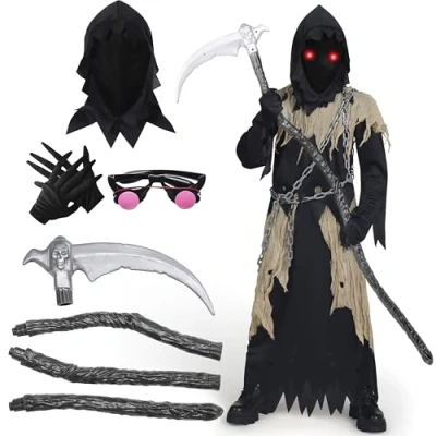 Afbeelding van Spooktacular Creations Magere Hein kostuum voor kinderen, lichtgevende ogen, kostuum, jongens, griezelige Phantom, zwart, Halloween