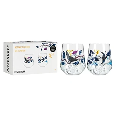 Afbeelding van Ritzenhoff Gin Glas Set 700 ml Serie Botanic Glamour nr. 1 2 stuks Tumbler met papieren werelden Made in Germany, goud, zwart