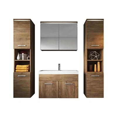 Afbeelding van Badplaats Badkamermeubel Set Paso XL 80 x 40 cm Bruin Eiken Badmeubel met spiegelkast en zijkasten