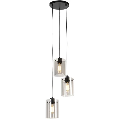 Afbeelding van QAZQA Design hanglamp zwart met smoke glas 3 lichts Dome