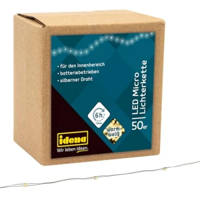 Afbeelding van Idena 31825 Micro lichtketting met 50 leds in warm wit, 6 uur timer, werkt op batterijen, voor feestjes, Kerstmis, decoratie, bruiloft, sfeerlicht