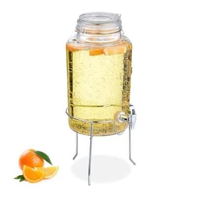 Afbeelding van Relaxdays drankdispenser met houder 5 liter tapkraan beugelsluiting glas