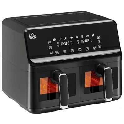 Afbeelding van HOMCOM airfryer, olievrij, 8 l, 2500 W, programma&#039;s, led display, instelbare temperatuur, timer, grijs (zwart)