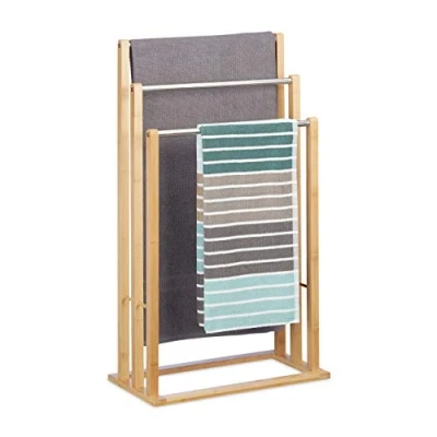 Afbeelding van Relaxdays handdoekrek bamboe 3 stangen handdoekhouder staand handdoekenrek badkamer