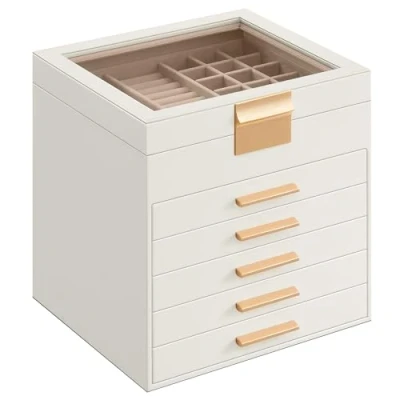 Afbeelding van SONGMICS JBC176W01 Sieradenkistje met glazen deksel, 6 niveaus 5 laden, modern cadeau, 20,3 x 23,1 22,8 cm, wit (White Cloud) en goud