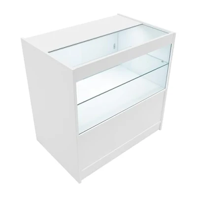 Afbeelding van Comptoir de Vente en MDF Blanc LED Blancs Intégrés C900 3 Étagères Portes Coulissantes Verouillables Rangement Commerciale Vitrine Verre Acceuil Réception Bureau Vêtements Bijoux [2 Clés INCLUS]
