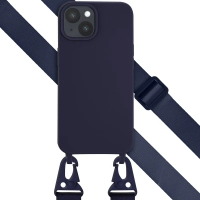Afbeelding van Selencia hoesje Geschikt voor iPhone 15 met koord Siliconen afneembaar Donkerblauw