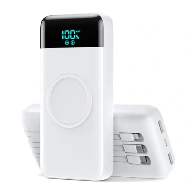 Afbeelding van Externe accu, draadloos, 26800 mAh, met 3 kabels, 7 in 1, inductie, snel opladen, 25 W, PD3.0 + QC4.0, draagbare oplader, 6 uitgangen, compatibel iPhone 16/15/14, Huawei Samsung zwart