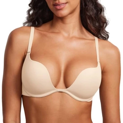 Afbeelding van DOBREVA Dames push up diepe plunge beha met beugel sexy gevoerd, Beige