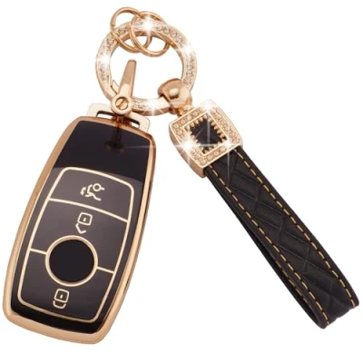 Afbeelding van Koaudb Autosleutelhoes met 3 knoppen, van TPU, lederen sleutelkoord voor Mercedes Benz A/B/C/E/G/S/SL/CLS klasse, SLC/CLA/GLB/GLC/GLE/GLS/AMG, zwart/gouden hoes smart key (BP Bz 3L)
