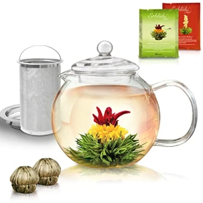 Afbeelding van Creano glazen theepot 1,3 liter incl. 2 theebloemen met geïntegreerde roestvrijstalen zeef en deksel, druppelvrij
